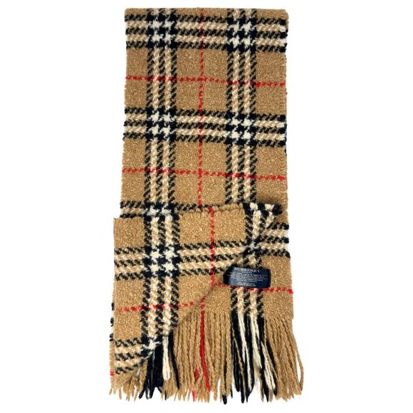Burberry Scarf Wool House Check Houndstooth Plaid Brown Tan Red Fringe Angora - Picture 4 of 6